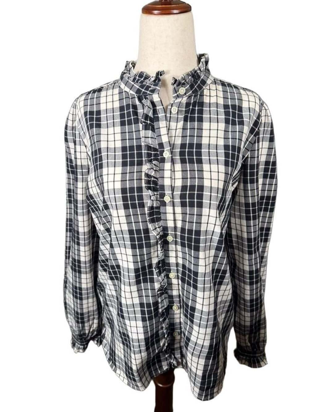 LOFT Ruffle Plaid Blouse Size S Black White Long Sleeve h1599